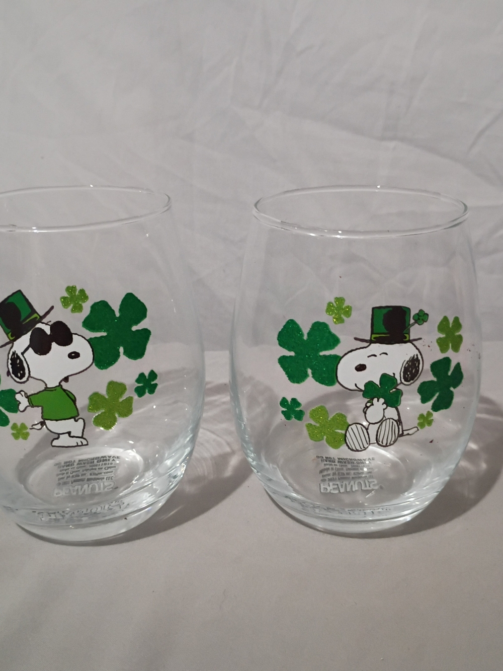 Peanuts Set Of 2 Stemless Wine Glasses. St Patrick's Day/Irish Theme